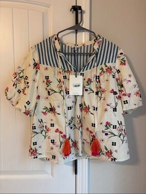 Cream Floral Peasant Blouse with Blue Stripe Yoke